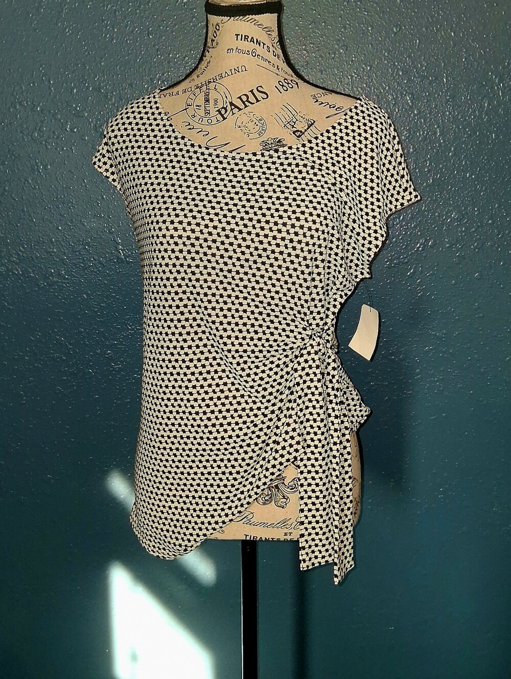 Halogen Womens Black & White Patterned Side-Tie Top Blouse Small NWT
